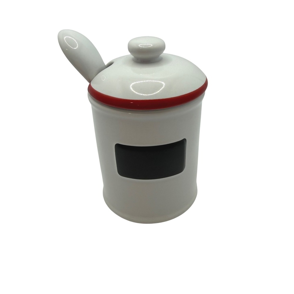 Pottery Barn White Ceramic Condiment Jar with Red Rim Spoon and Chalkboard Label